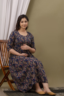 COTTON MULMUL STORE Women Fit and Flare Blue Midi/Calf Length Dress