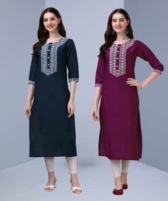 Parnavi Women Embroidered Straight Kurta(Purple, Blue)