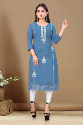 FABRINARGI Women Embroidered Straight Kurta(Grey)