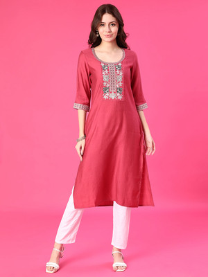 V-MART Women Self Design, Embroidered A-line Kurta(Pink)