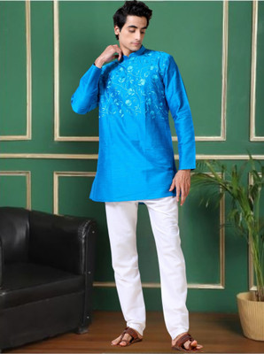 Tattva Men Embroidered Asymmetric Kurta(Blue)