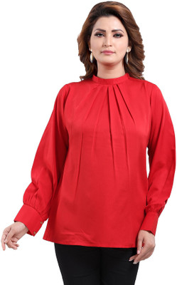 Anmi Captivating Red Polyester Crepe Office Wear Short Tunic Top For Women Solid Women Straight Kurta(Red)