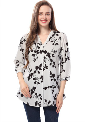 Anmi Chic Contrast Faux Crepe Tunic with Stylish Black N White Print Printed Women Straight Kurta(White, Black)