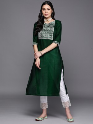 LIBAS Women Embroidered Straight Kurta(Green)