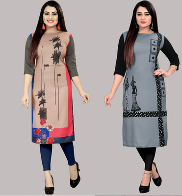 maruti fab Women Printed, Striped Straight Kurta(Beige, Pink)