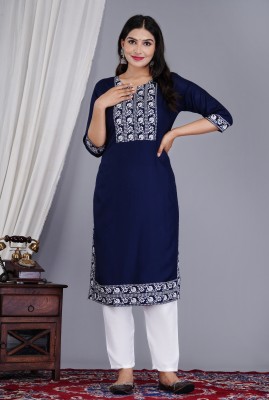 Diwikj Women Printed A-line Kurta(Dark Blue, White)