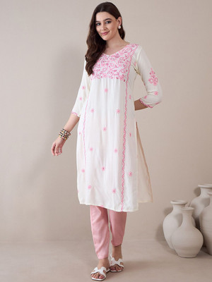 ANOUK Women Floral Print Straight Kurta(White)