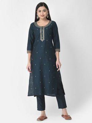 Span Women Self Design Straight Kurta(Blue)