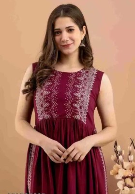 KK textiles Women Printed A-line Kurta(Maroon)