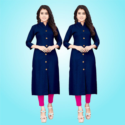 wini krafts Women Self Design A-line Kurta(Dark Blue)