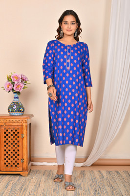 RV EXPO Women Printed Straight Kurta(Blue)
