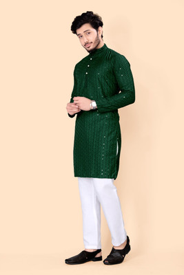 KISHANTRADE Men Chikan Embroidery Pathani Kurta(Green)