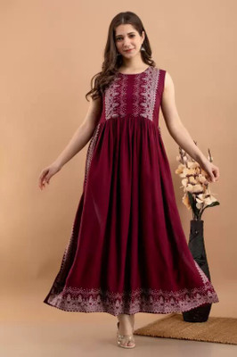 AREEH Women Striped A-line Kurta(Maroon)