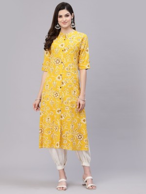 Stylum Women Floral Print A-line Kurta(Yellow)