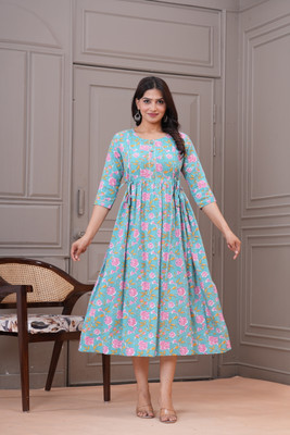 TREADMO Women Printed Anarkali Kurta(Light Blue)