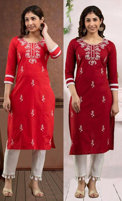 vikshi Women Chikan Embroidery Straight Kurta(Multicolor)