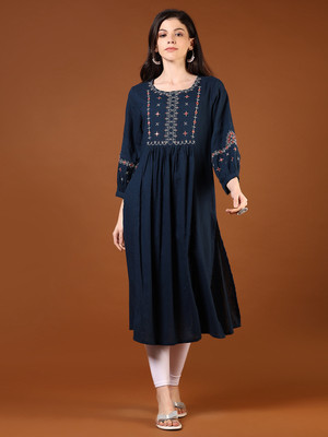 V-MART Women Embroidered A-line Kurta(Blue)