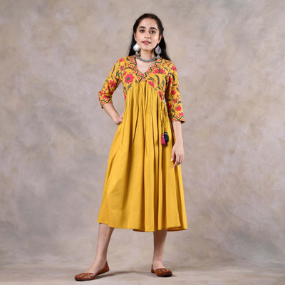 Fabgram Women Floral Print Anarkali Kurta(Yellow, Green, Pink)