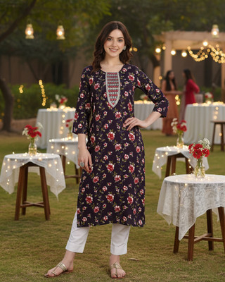 maaesa Women Printed Straight Kurta(Purple)