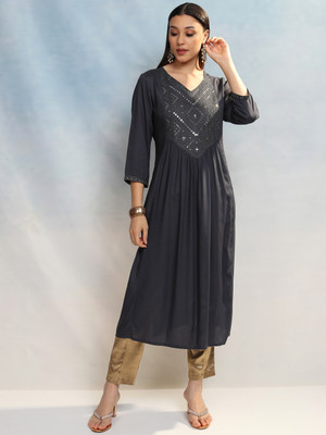 Vishudh Women Embroidered A-line Kurta(Grey)