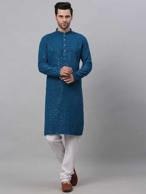 ZEDIN Men Embroidered Straight Kurta(Dark Blue)