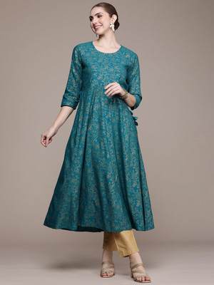 ANOUK Women Printed Anarkali Kurta(Blue)