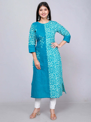 Jevi Prints Women Block Print Straight Kurta(Blue)