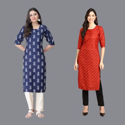 EthnicBasket Women Printed Straight Kurta(Dark Blue, Red)