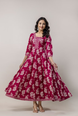 Kirnya Women Printed Anarkali Kurta(Maroon)
