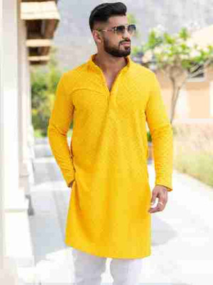 Arham Creation Men Printed Straight Kurta(Yellow)