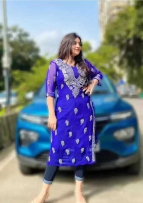 JHJ Women Self Design A-line Kurta(Blue)