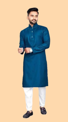HouseOfCommon Men Solid A-line Kurta(Blue)