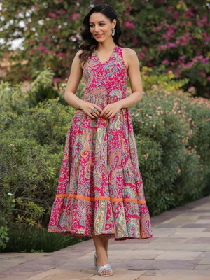 Jollity Women Printed Flared Kurta(Pink)
