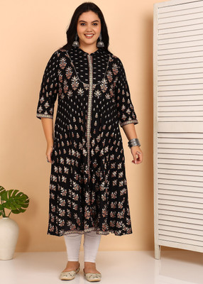 AKIKO Women Printed Anarkali Kurta(Black)