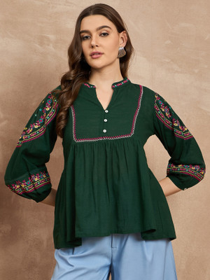 all about you Women Embroidered Cape Top Kurta(Green)