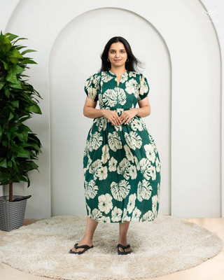 NERKSRE Women Printed Flared Kurta(Green)