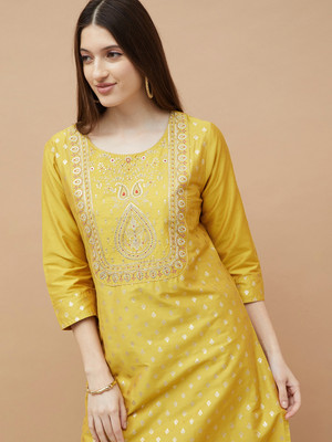 Melange by Lifestyle Women Embroidered Straight Kurta(Yellow)