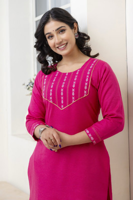 AUZAAI COLLECTION Women Self Design Straight Kurta(Pink)