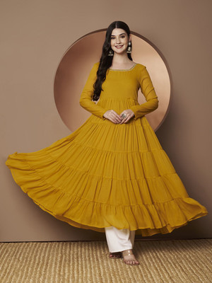 Poshak Hub Women Embellished Anarkali Kurta(Yellow)