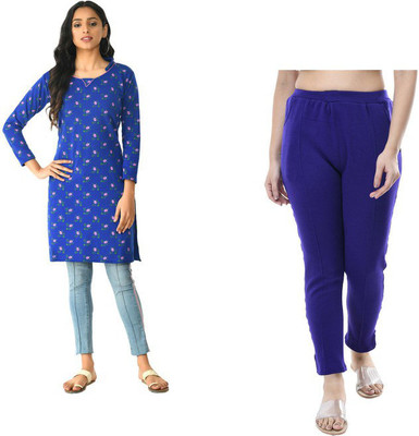 KAVYA Women Printed Straight Kurta(Blue, Pink)