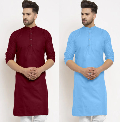 JENJEE Men Solid Straight Kurta(Blue, Maroon)