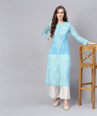 Neelam Chikan Women Chikan Embroidery Straight Kurta(Blue)