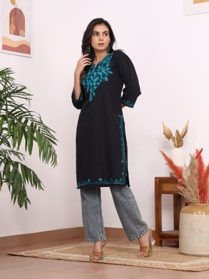 Safoora Creation Women Embroidered Straight Kurta(Black)