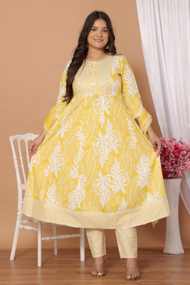 KASHIF SHAMS Women Printed Anarkali Kurta(Yellow, White)