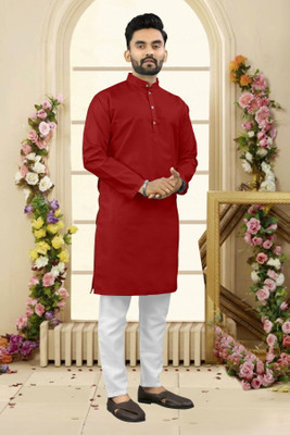 Shree Dutt Creation Men Solid Straight Kurta(Red)