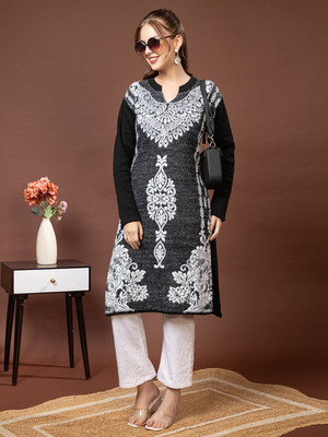 TYSORT Women Embroidered A-line Kurta(Black)