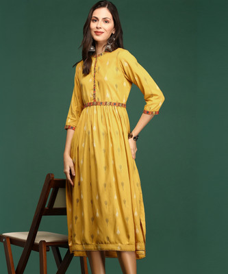 SHOWOFFFF Women Self Design Flared Kurta(Yellow)