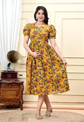 sky fab Women Printed Anarkali Kurta(Yellow)