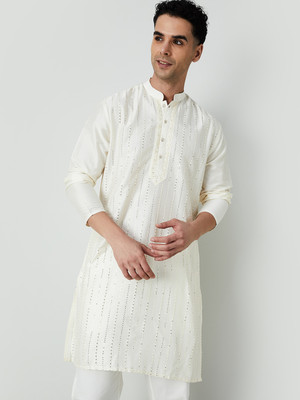 MELANGE Men Embroidered A-line Kurta(White)