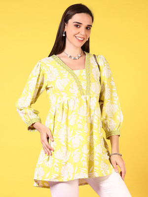 V-MART Women Printed A-line Kurta(Yellow)